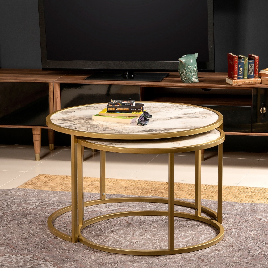 SET 2x Soffbord TAMBUR guld/beige