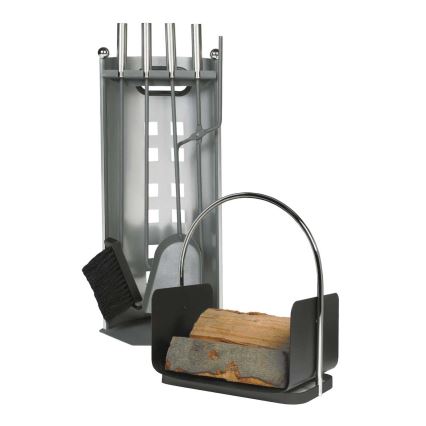 Set av eldstadsinstrument och korg för trä med handtag 6 delar antracit