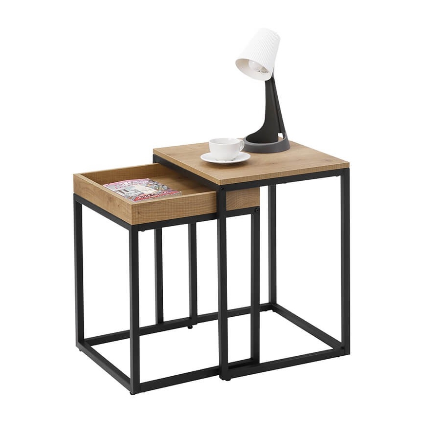 Set med 2 sidobord ELDUR, brun/svart