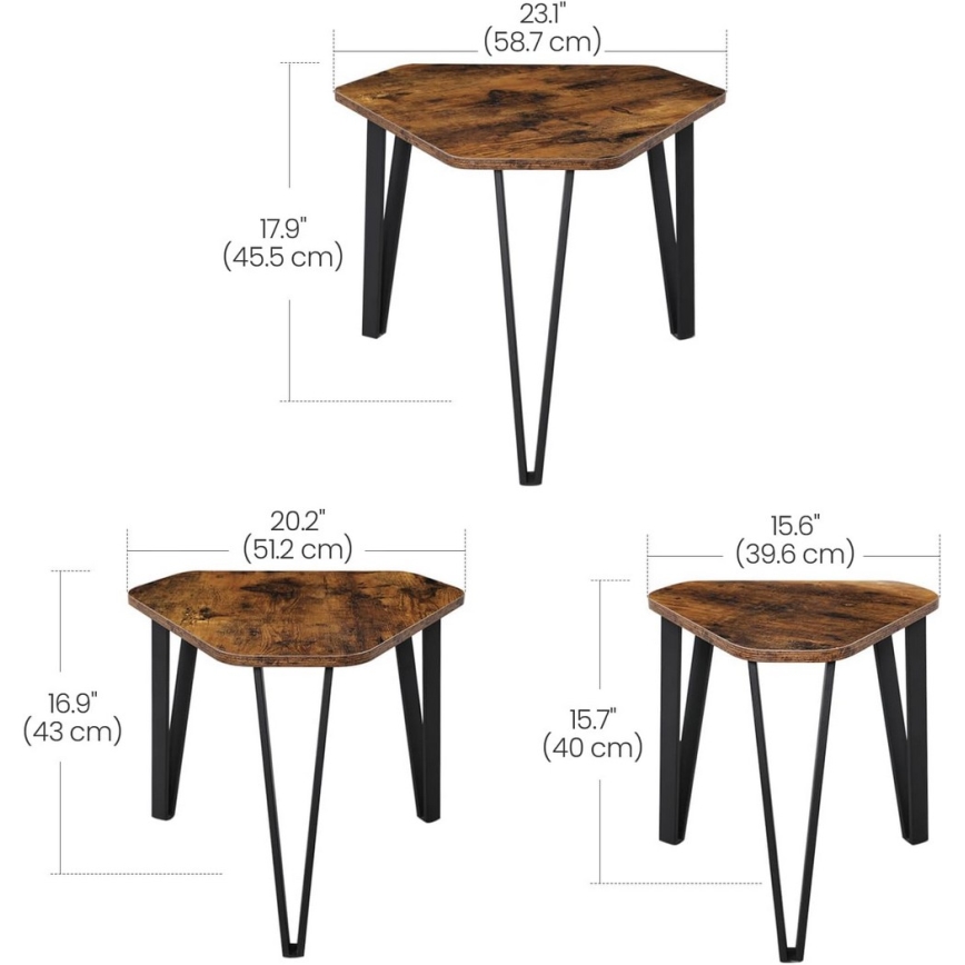Set med 3 sidobord ELDUR brun/svart