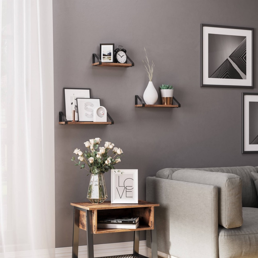 Set med 3 vägghyllor SHELFY, brun/svart