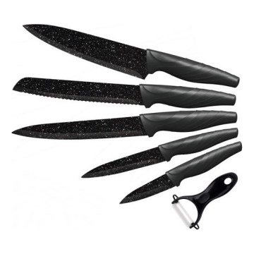 Set med 5 köksknivar + skalare marmor/svart