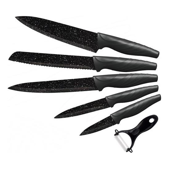 Set med 5 köksknivar + skalare marmor/svart
