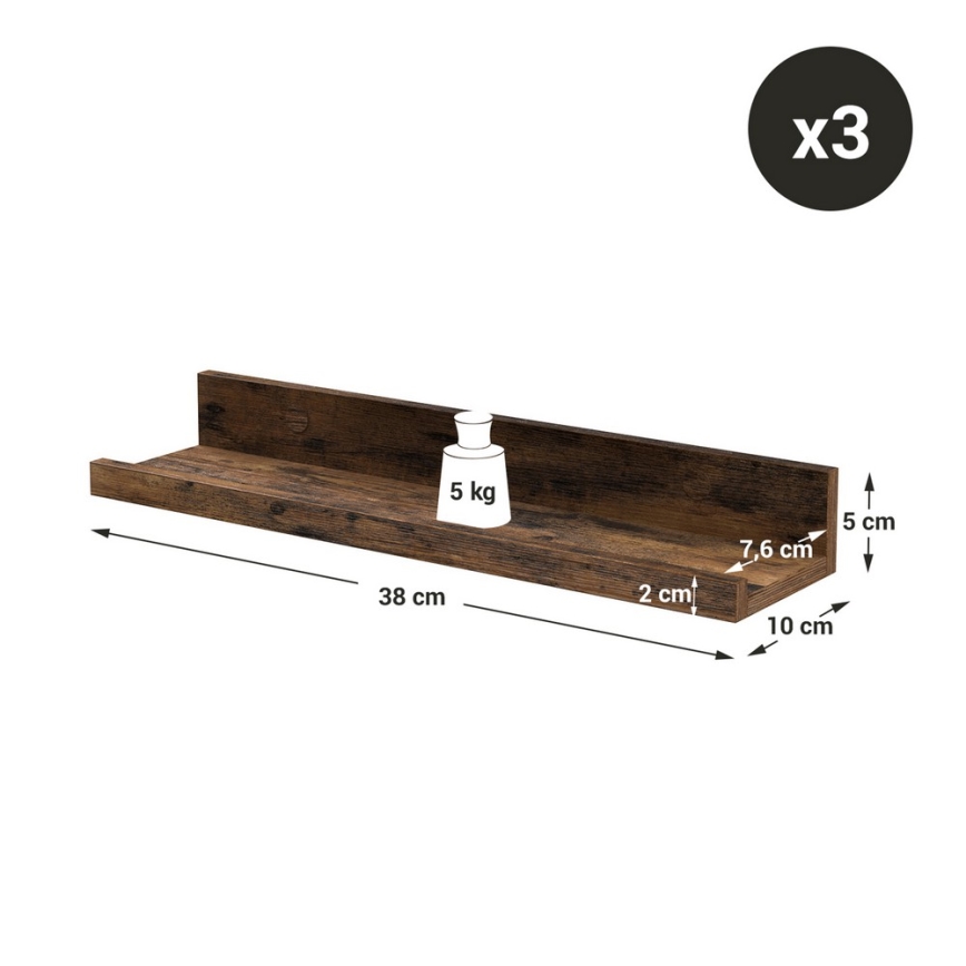 Set om 3 vägghyllor SHELFY, bruna