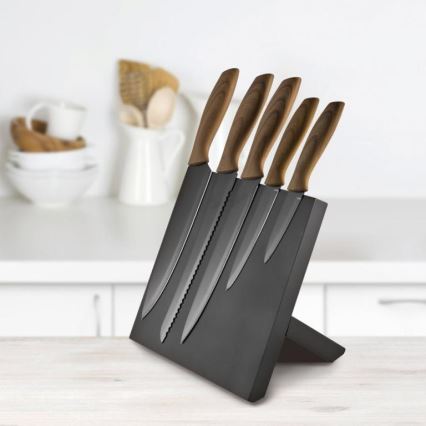Set rostfria knivar 5st med magnetstativ trä/svart