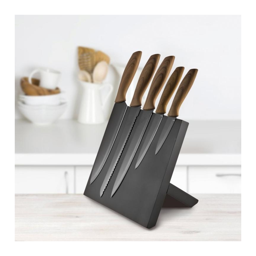 Set rostfria knivar 5st med magnetstativ trä/svart