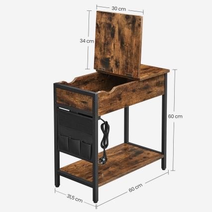 Sidobord med inbyggda eluttag och USB-portar ELDUR brun/svart