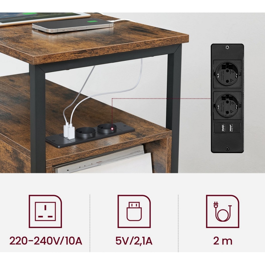 Sidobord med inbyggda eluttag och USB-portar ROD brun/svart