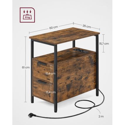 Sidobord med inbyggda eluttag och USB-portar ROD brun/svart