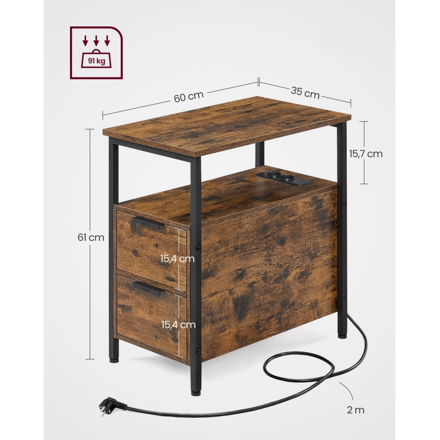 Sidobord med inbyggda eluttag och USB-portar ROD brun/svart