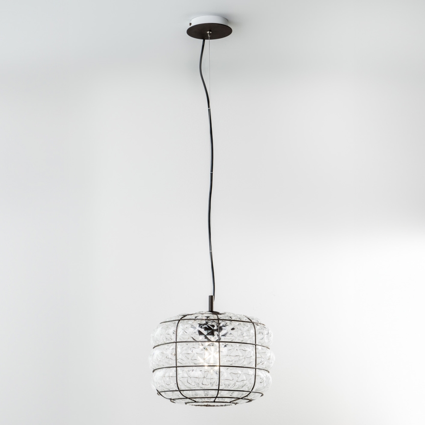 SIRU - Ljuskrona med textilsladd TERRA 1xE27/60W/230V svart/genomskinlig Venetiansk glas