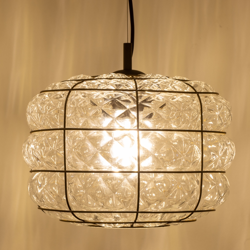 SIRU - Ljuskrona med textilsladd TERRA 1xE27/60W/230V svart/genomskinlig Venetiansk glas