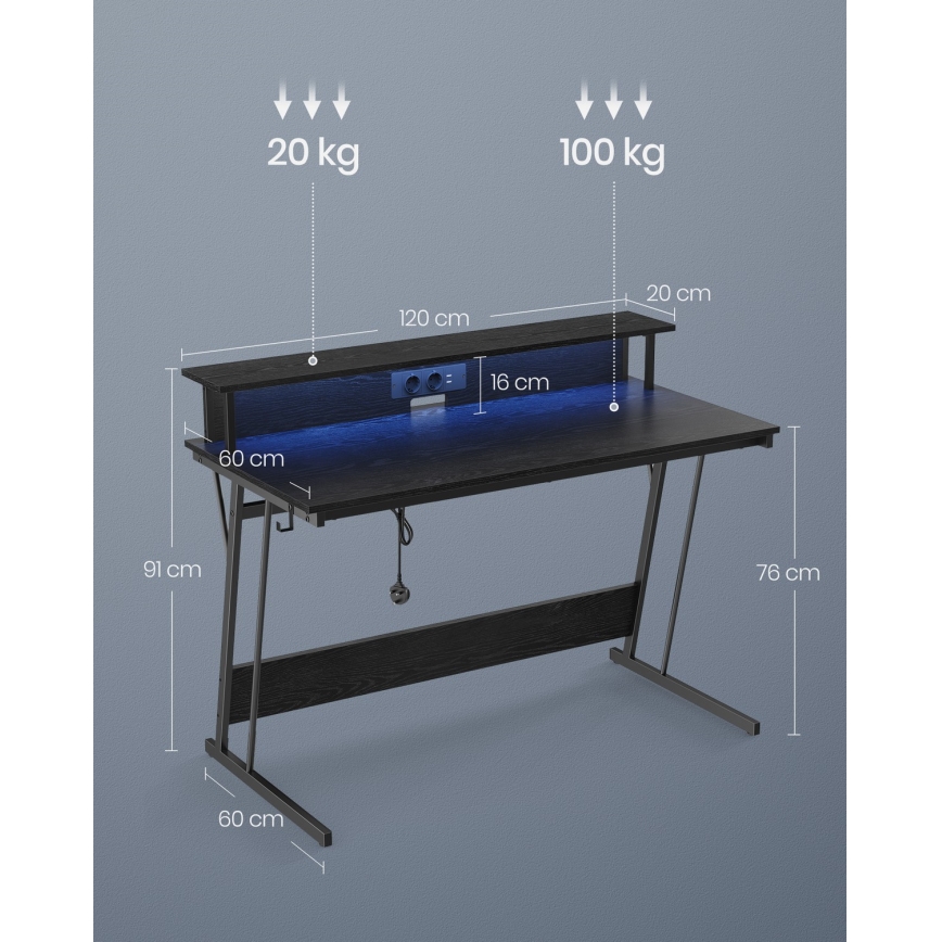 Skrivbord med inbyggd belysning SOLEA-X, svart