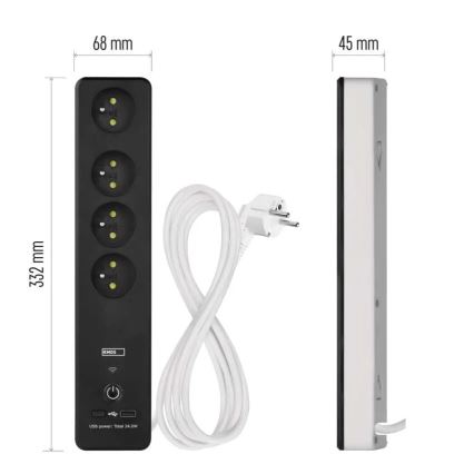 Smart förlängning kabel med brytare GoSmart 4Z + 1xUSB-A + 1xUSB-C 2 m Wi-Fi Tuya
