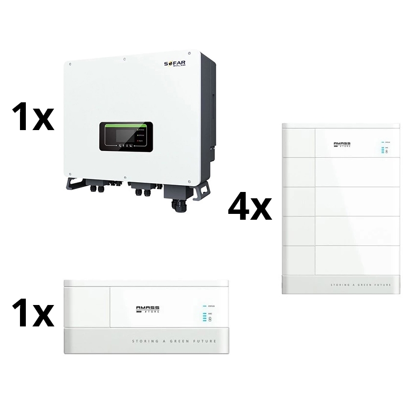 Solar kit: SOFAR Solomvandlare 10 kW + batterimodul AMASSTORE 10,24 kWh med bas med batteristyrenhet