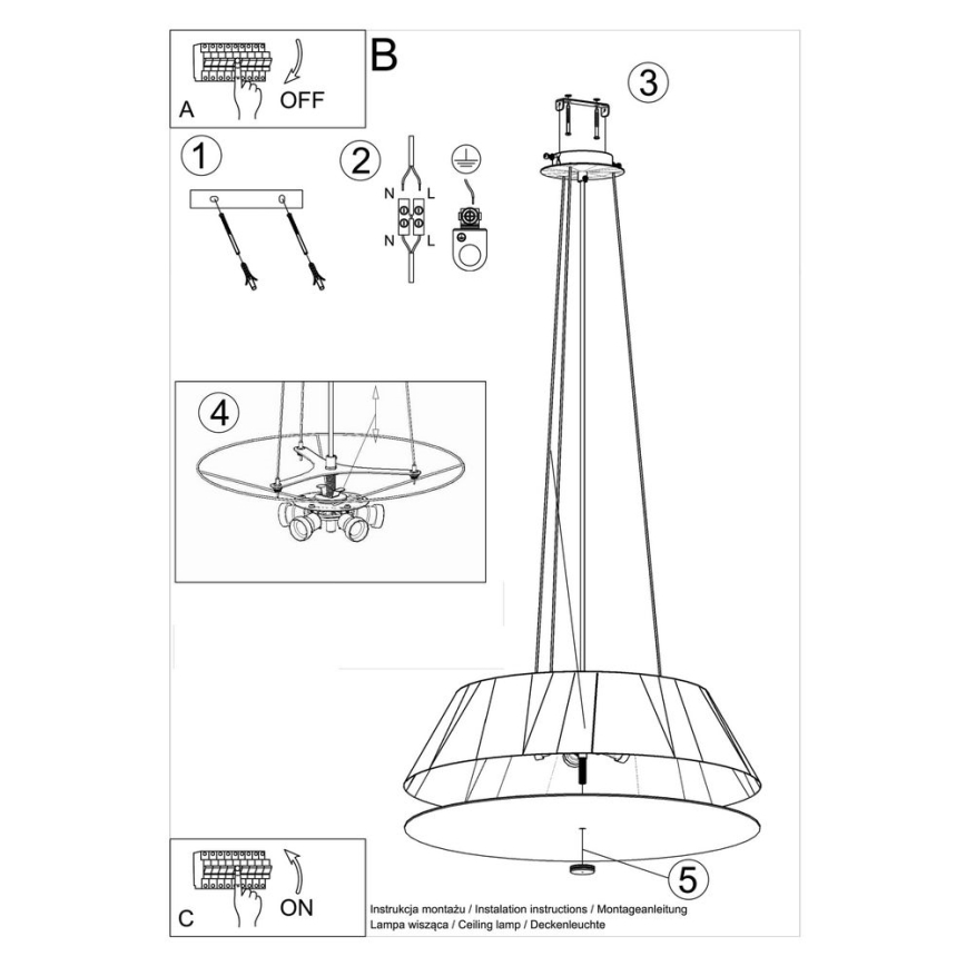 Ljusskrona med upphängningsrem  VEGA 5xE27/60W/230V diameter  60 cm svart