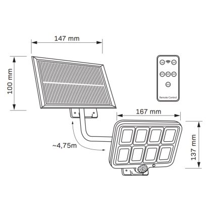Solcellstrålkastare med sensor INTEGRA LED/3W/3,7V 1200 mAh IP44 + fjärrkontroll