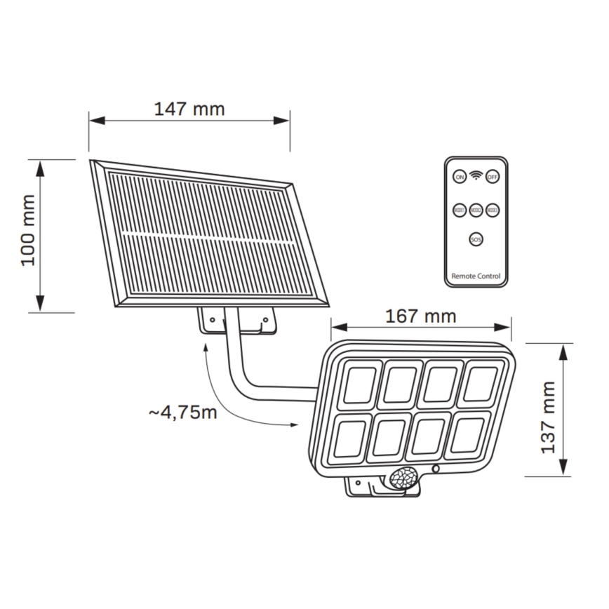 Solcellstrålkastare med sensor INTEGRA LED/3W/3,7V 1200 mAh IP44 + fjärrkontroll