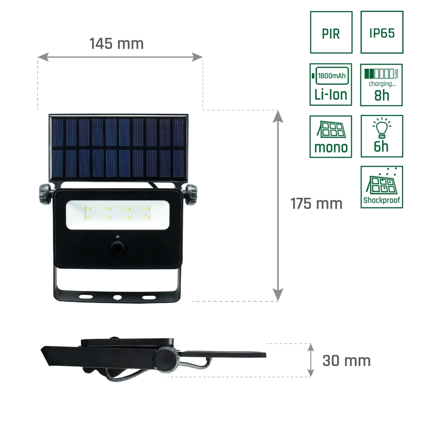 LED Solcellstrålkastare med rörelse- och skymningssensor NOCTIS LED/2W/1800 mAh 3,7V 6000K IP65