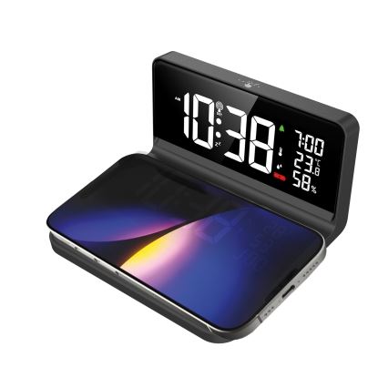 LED Väckarklocka med LCD display och trådlös laddning Qi LED/10W/230V
