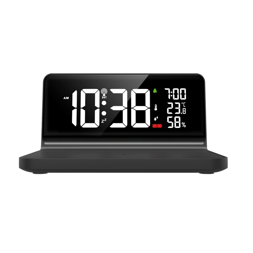 LED Väckarklocka med LCD display och trådlös laddning Qi LED/10W/230V