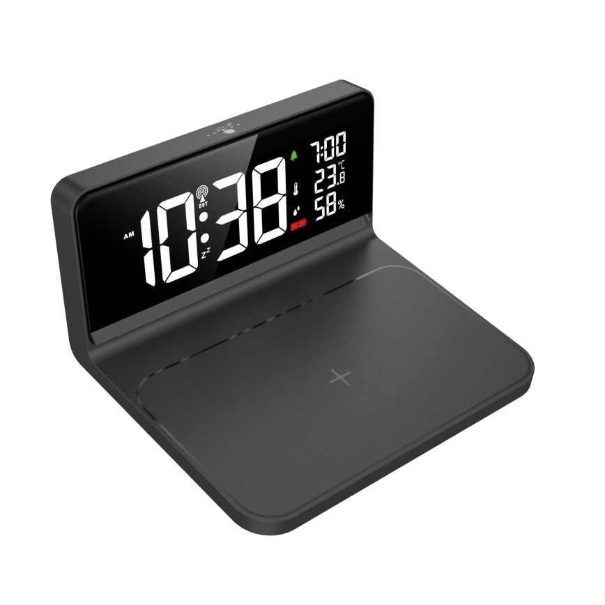 LED Väckarklocka med LCD display och trådlös laddning Qi LED/10W/230V