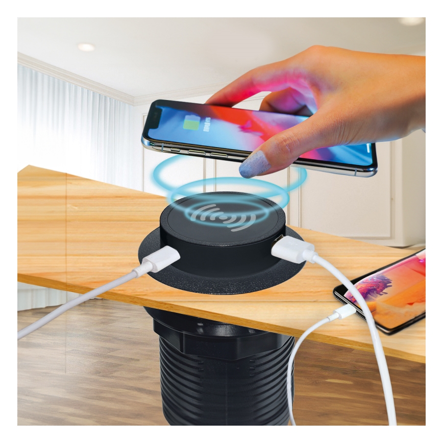Inbyggd trådlös laddare + USB A+C svart