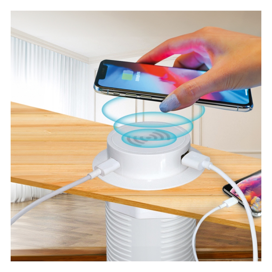 Inbyggd trådlös laddare + USB A+C vit