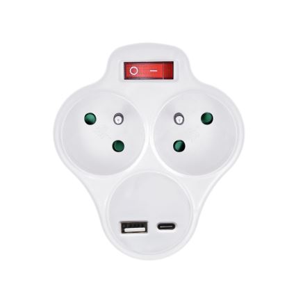 Uttagssplitter med USB A+C charger och Strömbrytare 2x10A vit