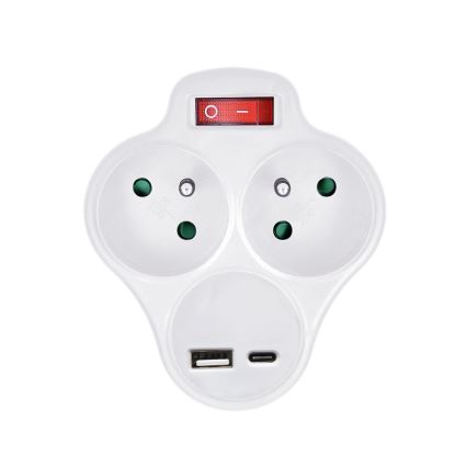 Uttagssplitter med en USB A+C charger och switch 2x10A vit