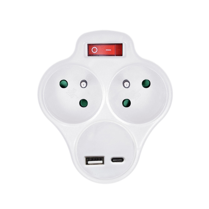 Uttagssplitter med en USB A+C charger och switch 2x10A vit