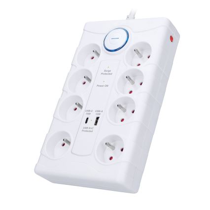 Förlängningskabel med strömbrytare 8Z Typ E + 1xUSB-A + 1xUSB-C 2m vit