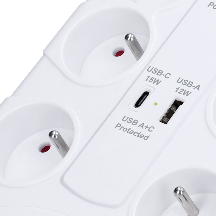 Förlängningskabel med strömbrytare och överspänningsskydd, 8 uttag Typ E + 1xUSB-A + 1xUSB-C, 2 m, vit