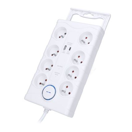 Förlängningskabel med strömbrytare och överspänningsskydd, 8 uttag Typ E + 1xUSB-A + 1xUSB-C, 2 m, vit