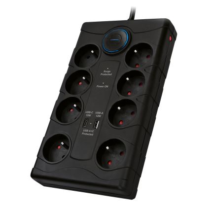 Förlängningskabel med strömbrytare, 8 uttag, Typ E + 1x USB-A + 1x USB-C, 2 m, svart