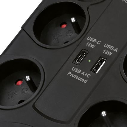 Förlängningskabel med strömbrytare, 8 uttag, Typ E + 1x USB-A + 1x USB-C, 2 m, svart