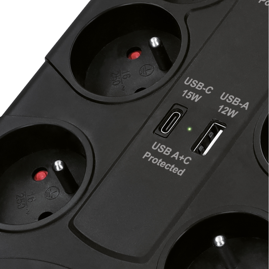 Förlängningskabel med strömbrytare, 8 uttag, Typ E + 1x USB-A + 1x USB-C, 2 m, svart