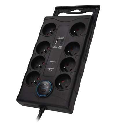 Förlängningskabel med strömbrytare, 8 uttag, Typ E + 1x USB-A + 1x USB-C, 2 m, svart