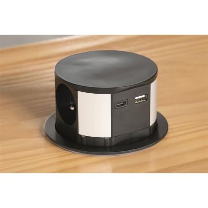 Solight PP100USBC-B - Uttagspelare för bordsskiva 3x230V + 2xUSB svart