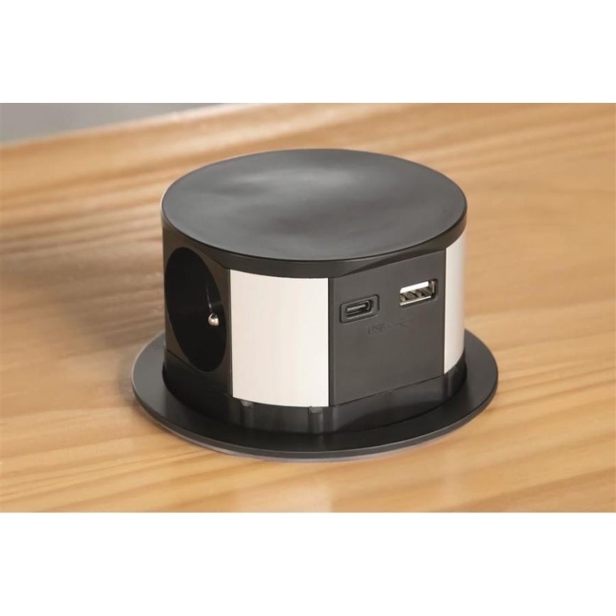 Solight PP100USBC-B - Uttagspelare för bordsskiva 3x230V + 2xUSB svart