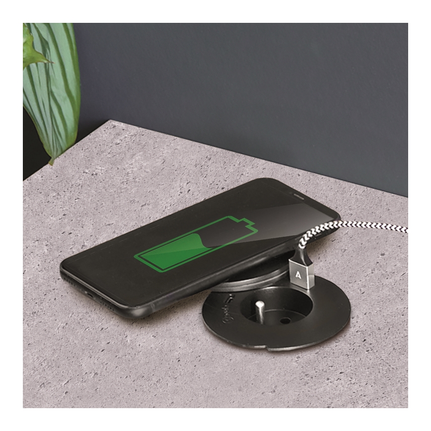 Infällt eluttag med trådlös laddning 10 W, 1 uttag + USB A+C, svart