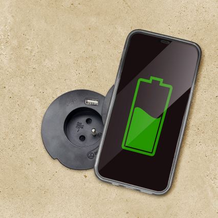 Infällt eluttag med trådlös laddning 10 W, 1 uttag + USB A+C, svart