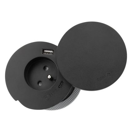 Infällt eluttag med trådlös laddning 10 W, 1 uttag + USB A+C, svart
