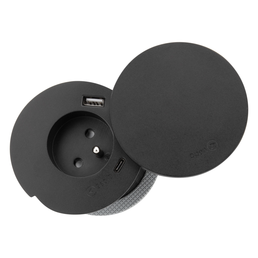 Infällt eluttag med trådlös laddning 10 W, 1 uttag + USB A+C, svart