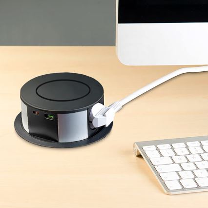 Uttagspelare för bordsskiva med Qi trådlös laddning 3x230V + 1xUSB-A + 1xUSB-C svart/silver