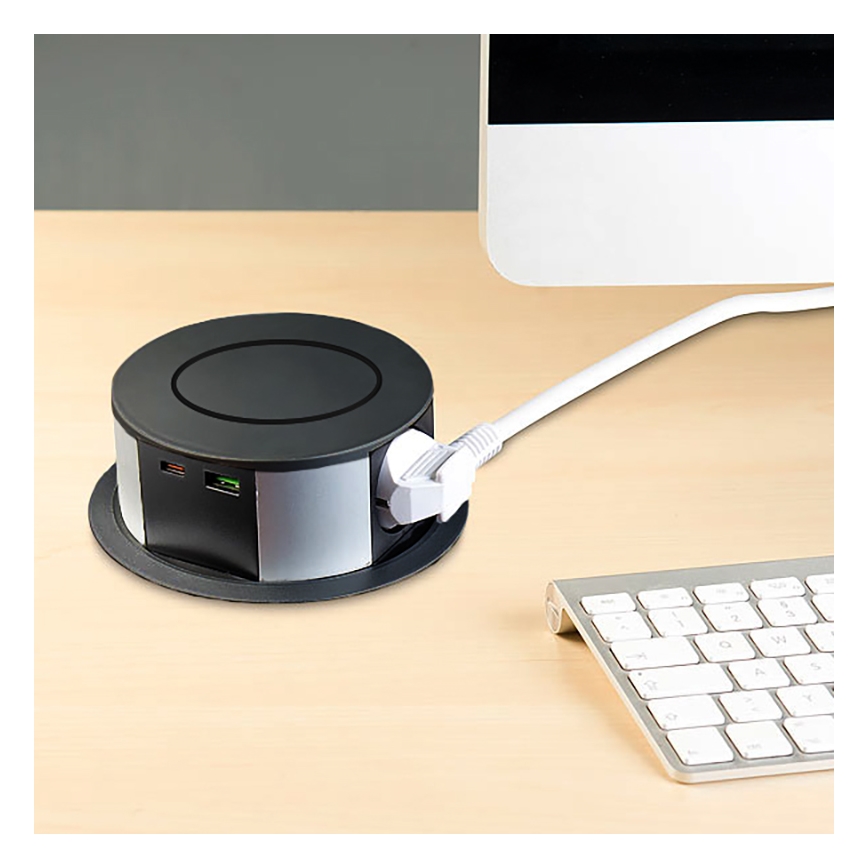 Uttagspelare för bordsskiva med Qi trådlös laddning 3x230V + 1xUSB-A + 1xUSB-C svart/silver