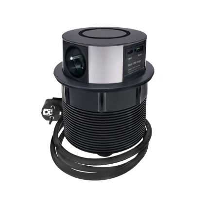 Uttagspelare för bordsskiva med Qi trådlös laddning 3x230V + 1xUSB-A + 1xUSB-C svart/silver