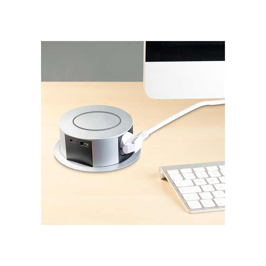 Uttagspelare för bordsskiva med Qi trådlös laddning 3x230V + 1xUSB-A + 1xUSB-C silver/svart