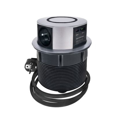 Uttagspelare för bordsskiva med Qi trådlös laddning 3x230V + 1xUSB-A + 1xUSB-C silver/svart