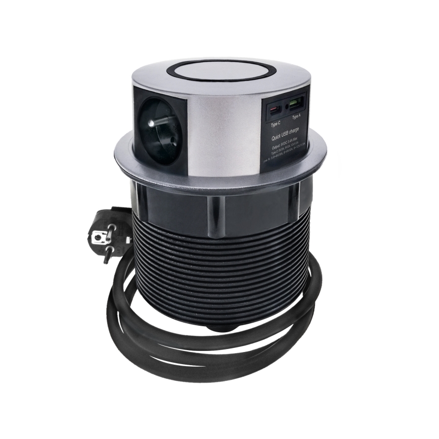 Uttagspelare för bordsskiva med Qi trådlös laddning 3x230V + 1xUSB-A + 1xUSB-C silver/svart